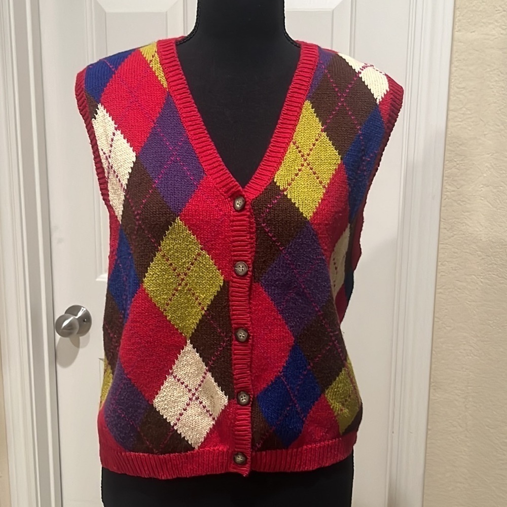 KAREN SCOTT VINTAGE COLORFUL ARGYLE PREPPY KNIT VEST, SIZE M - Picture 4 of 9